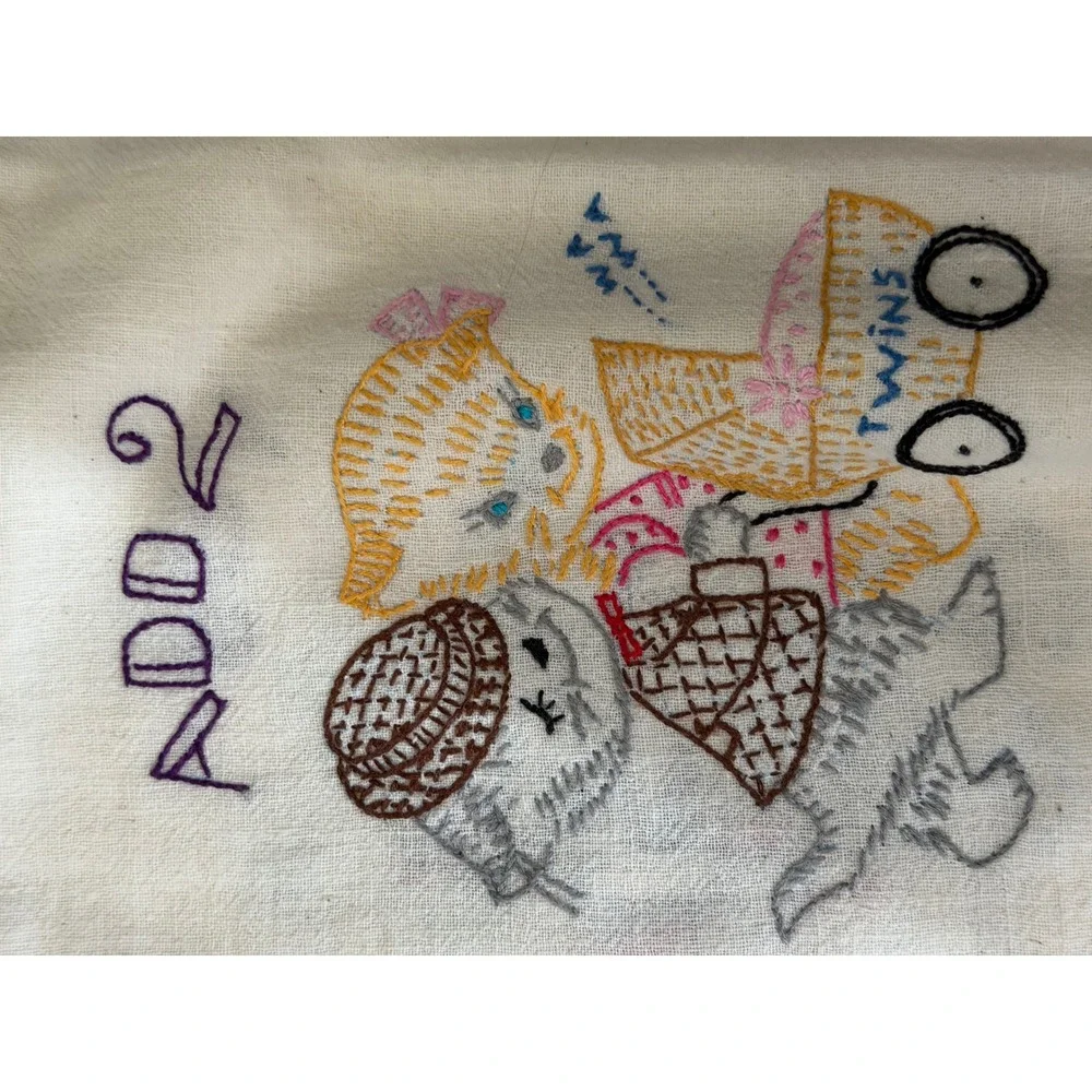 Hand Embroidered Cat Tea Towels Set 6 Kitsch Wedding Honeymoon